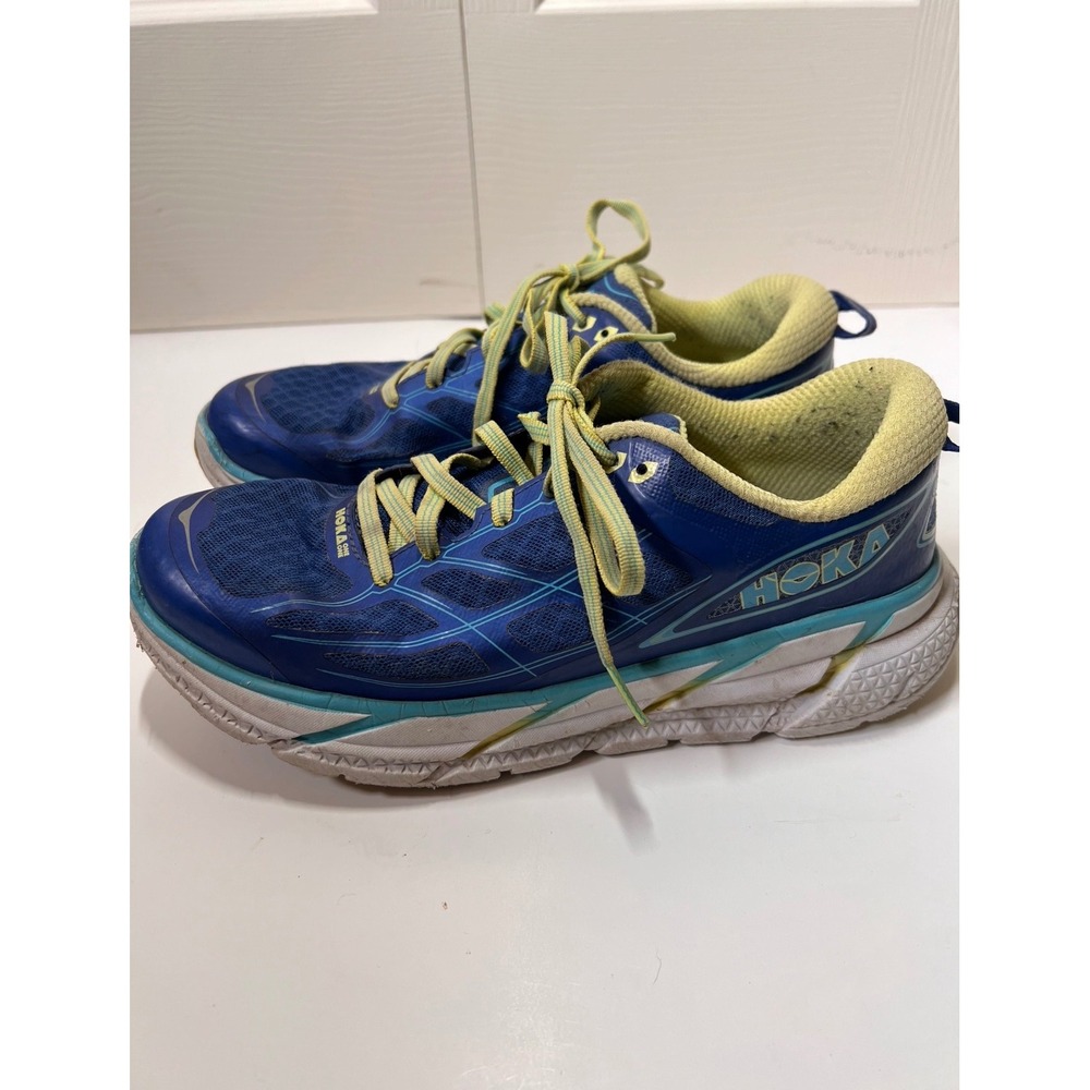 HOKA One One Clifton 2 Blue Lime Green Running Shoes Women's Size 8.5